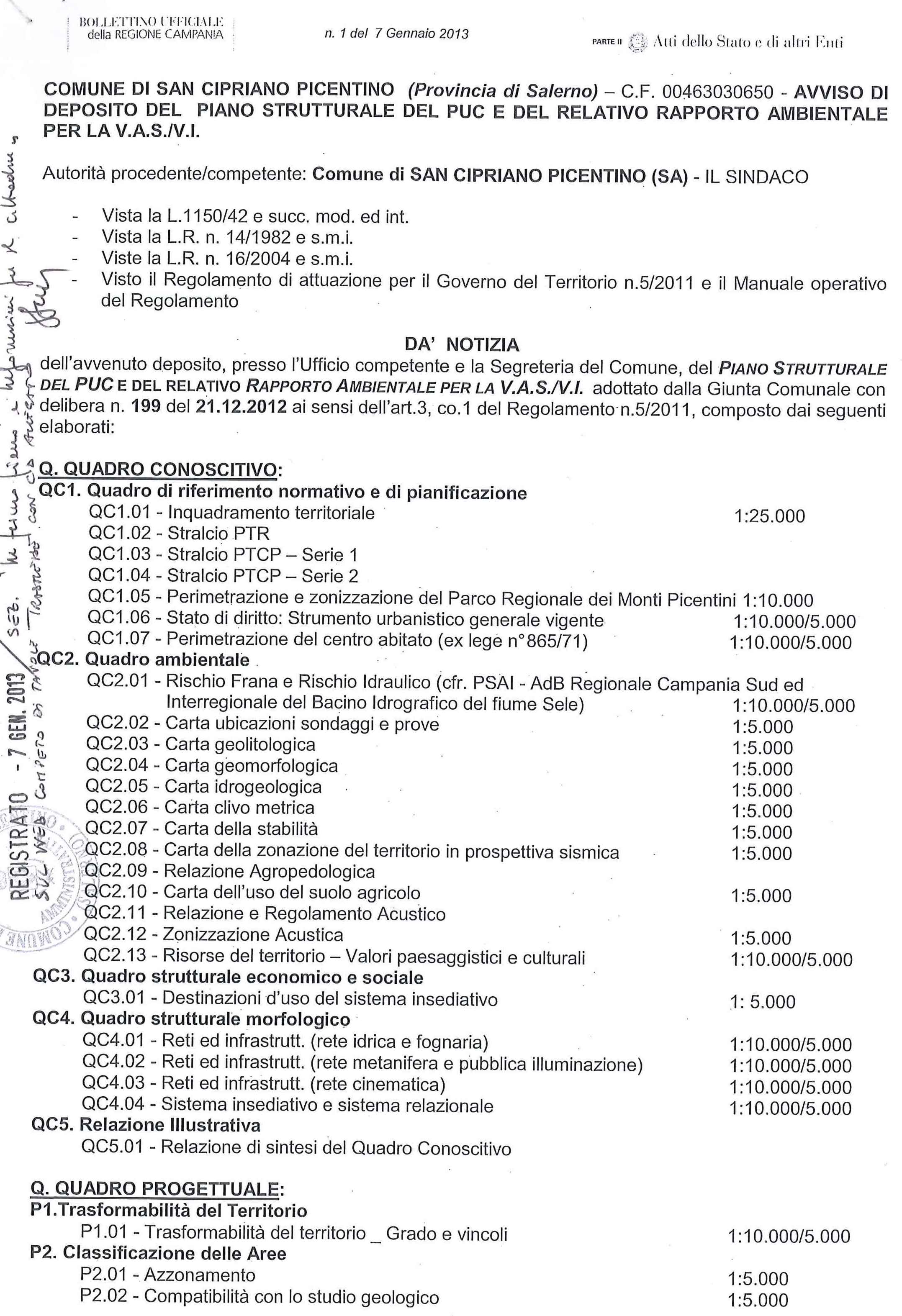 AVVISO di deposito del PIANO STRUTTURALE DEL PUC E DEL RELATIVO RAPPORTO AMBIENTALE per la V.A.S. e V.I.. 