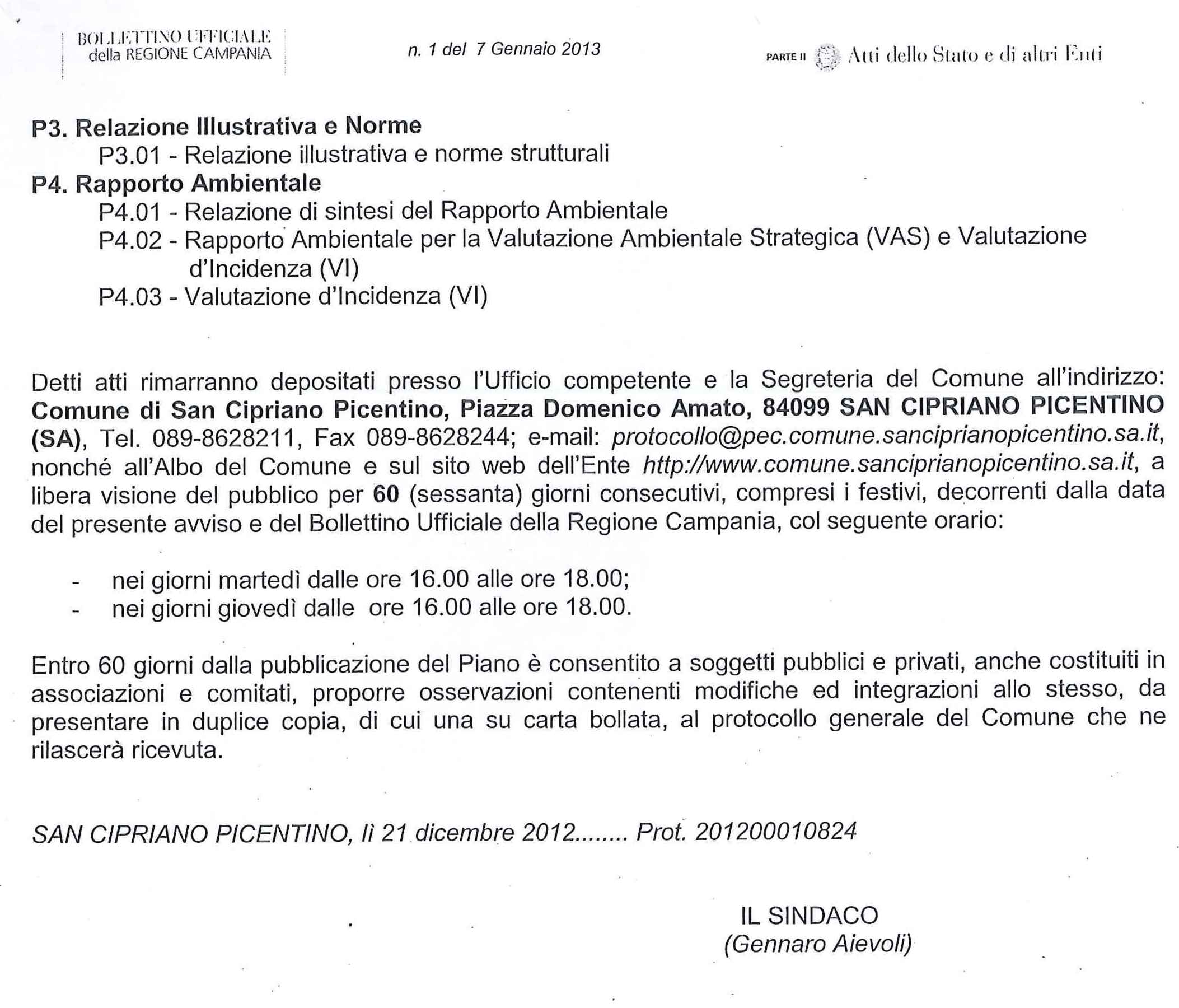 AVVISO di deposito del PIANO STRUTTURALE DEL PUC E DEL RELATIVO RAPPORTO AMBIENTALE per la V.A.S. e V.I.. 